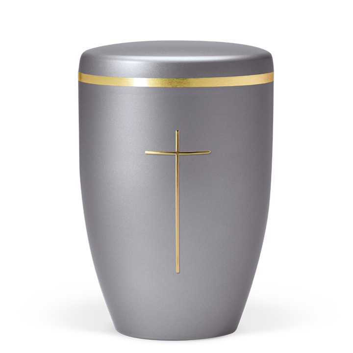 Urne 27530, stahlgrau, Kreuz gold, Goldband
